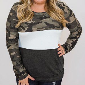 Plus Size Camo Block Pullover Top